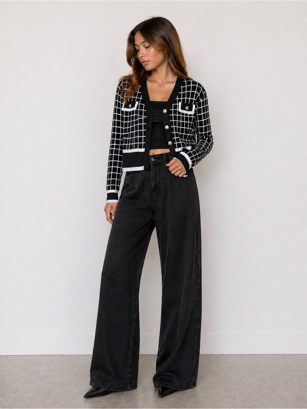 Black & White Grid Knit Cardigan Gold Buttons Chic Cropped